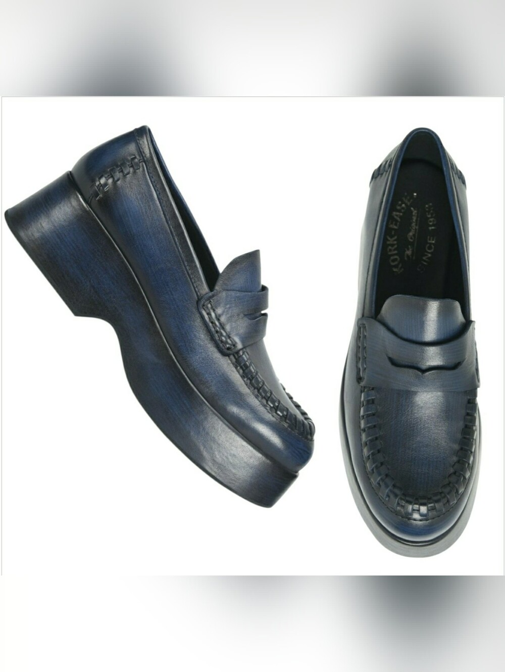 Retro Kork Ease 10 Preppy Loafers Navy Blue Leather Chunky Platform Academia New